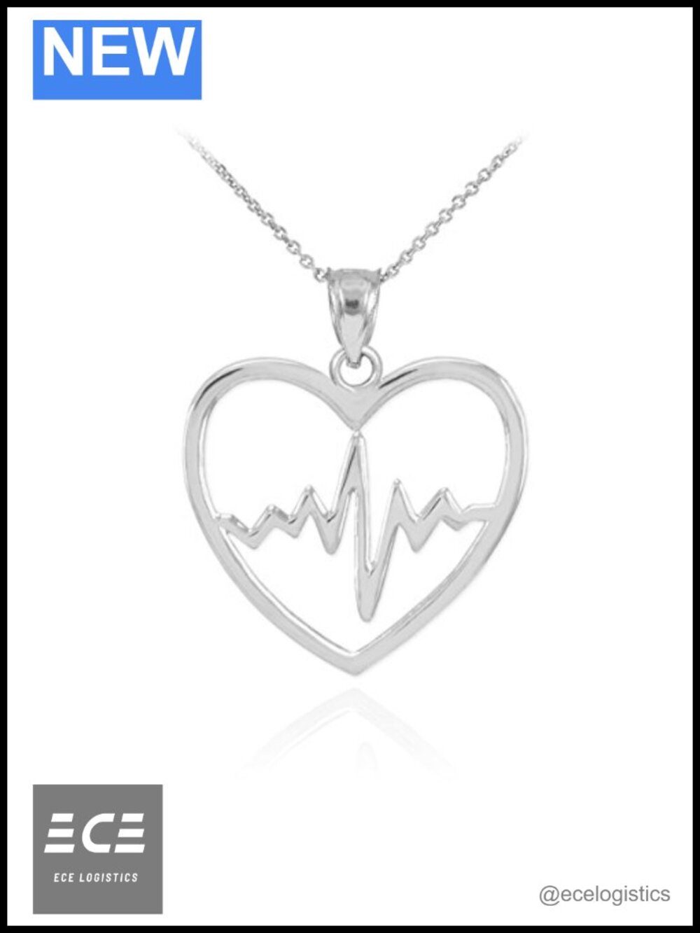 .925 Sterling Silver Lifeline Heartbeat Charm Pendant Necklace Rolo Chain